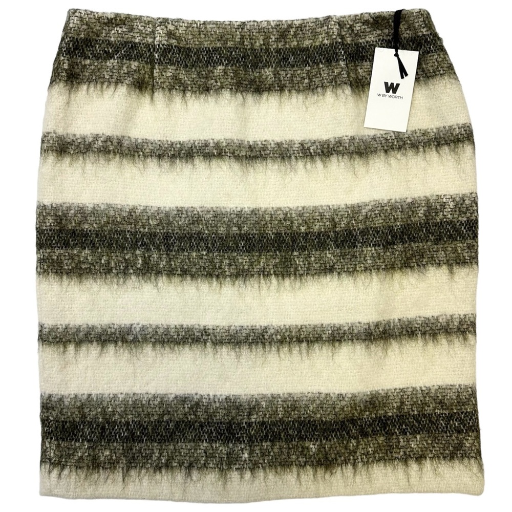 W by Worth Brushed Striped Mini Skirt Womens Size 12 Ivory & Tarragon Wool Blend